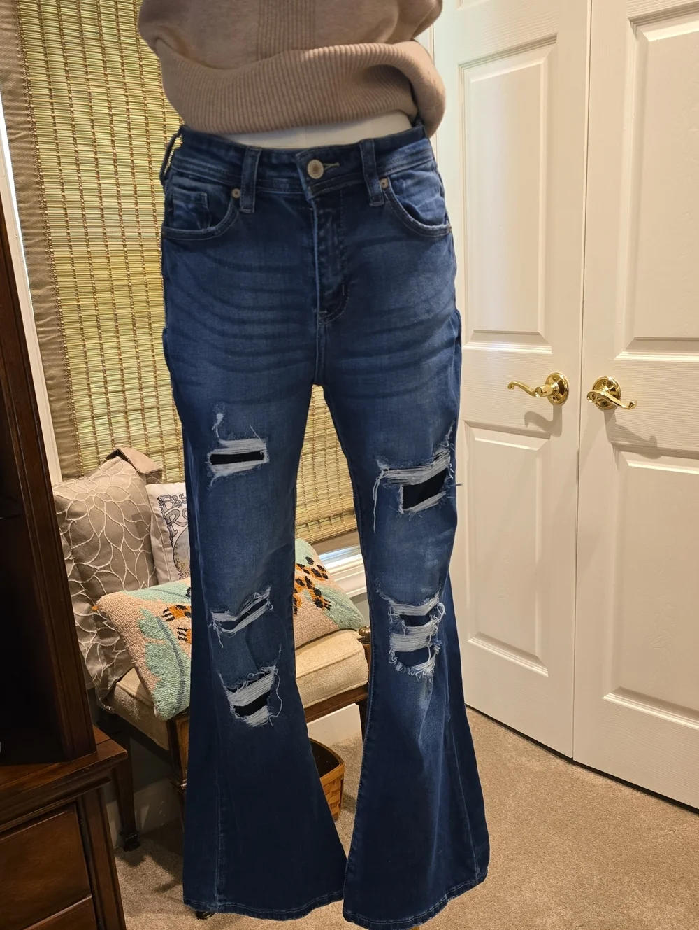 KanCan Dark Blue Distressed Flare Jeans - Picture 1 of 3